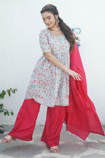 Mint Green Floral Print Kurta Set - 52432KP