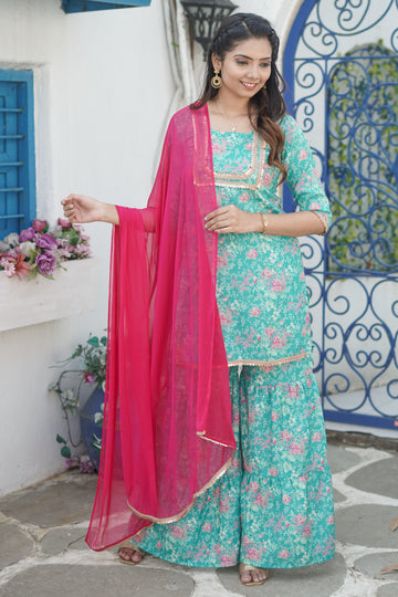 Dark Mist Green Floral Printed Kurta Palazzo set - 52451KP