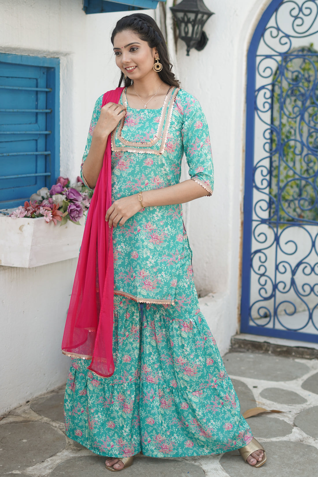 Dark Mist Green Floral Printed Kurta Palazzo set - 52451KP