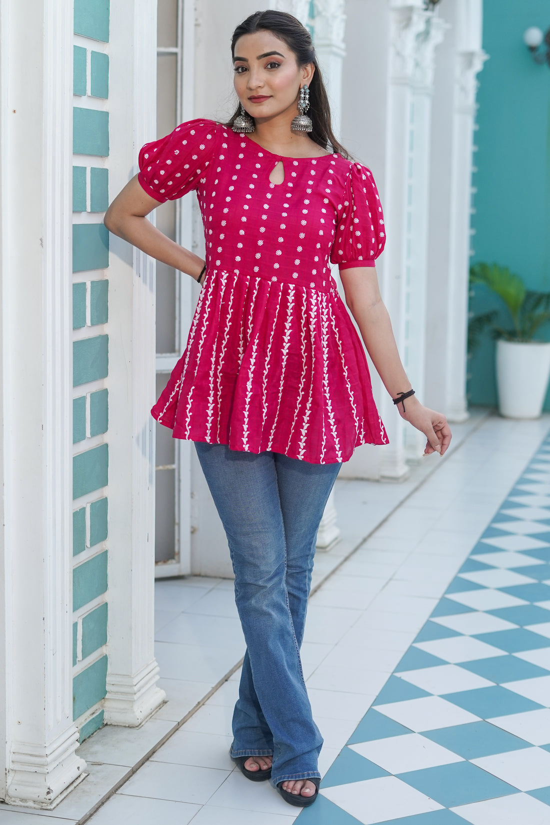 Fuchisa Rose Colour Chikankari embroidered Top - 52463T