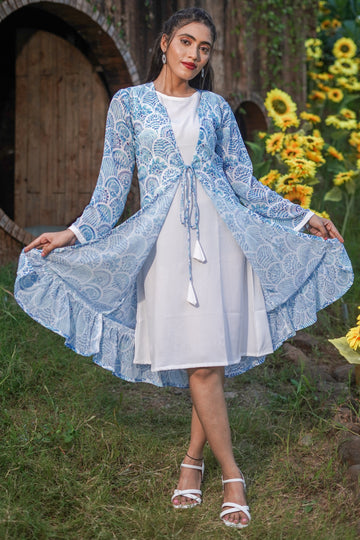 White Light Blue Geometric Floral Printed Dress -52434D