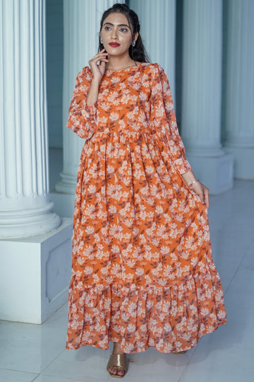 Brownish Orange Floral Printed Dress -52438D