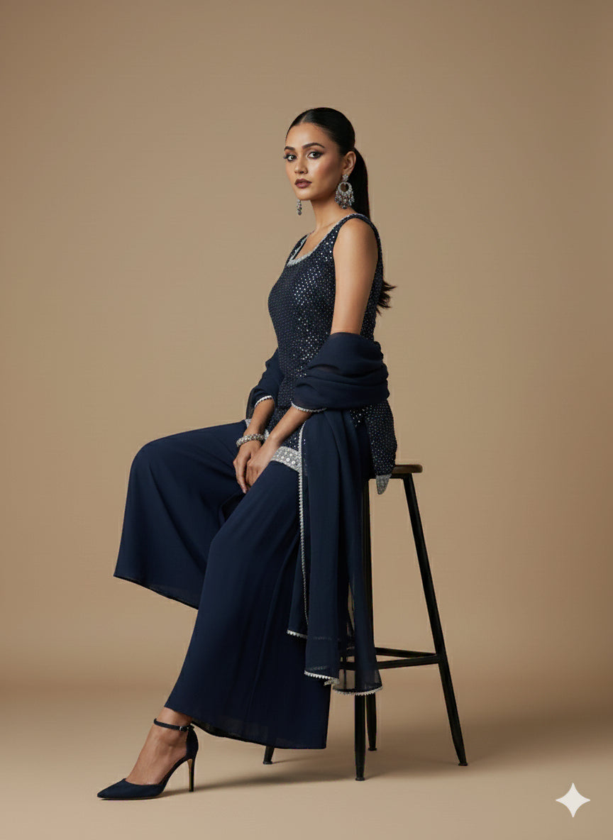 Navy Blue Sequin Embroidered Kurti Set - 52740KS