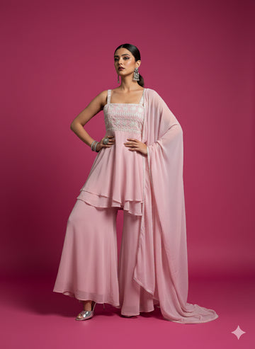 Baby Pink Floral Strip Peplum Gharara Set - 52706KS