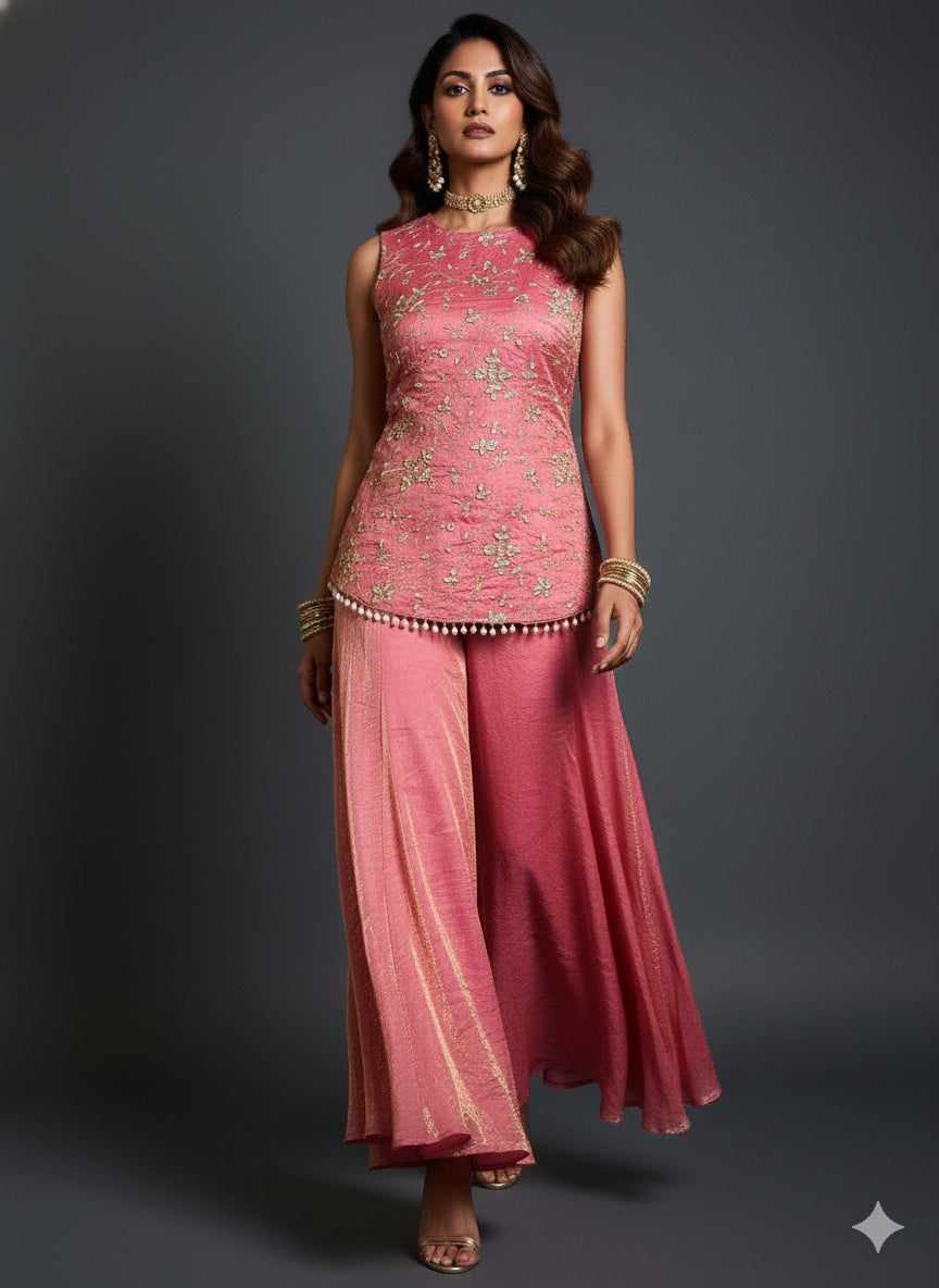 Blush Pink Floral Jaal Gharara Set - 52703KS