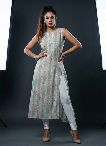 Coral & Mint Colour Floral Printed Cambric Cotton Kurta- 52310k