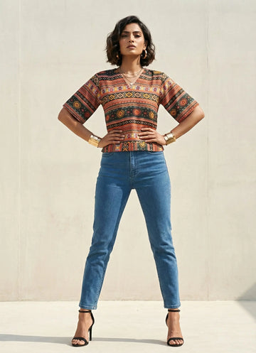 Bottle Green Multi Colour Printed Top- 52313T