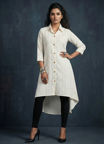 White Shirt collar Katha cotton kurta- 52327K