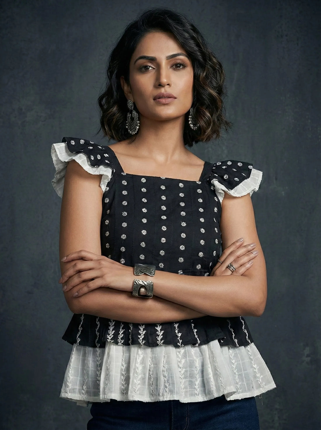 Black N White Chikankari Cotton Top- 52370T