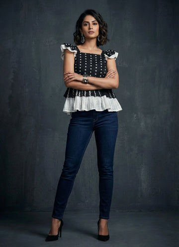 Black N White Chikankari Cotton Top- 52370T