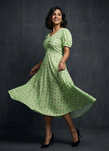 Light Green Floral Printed Cotton Dress