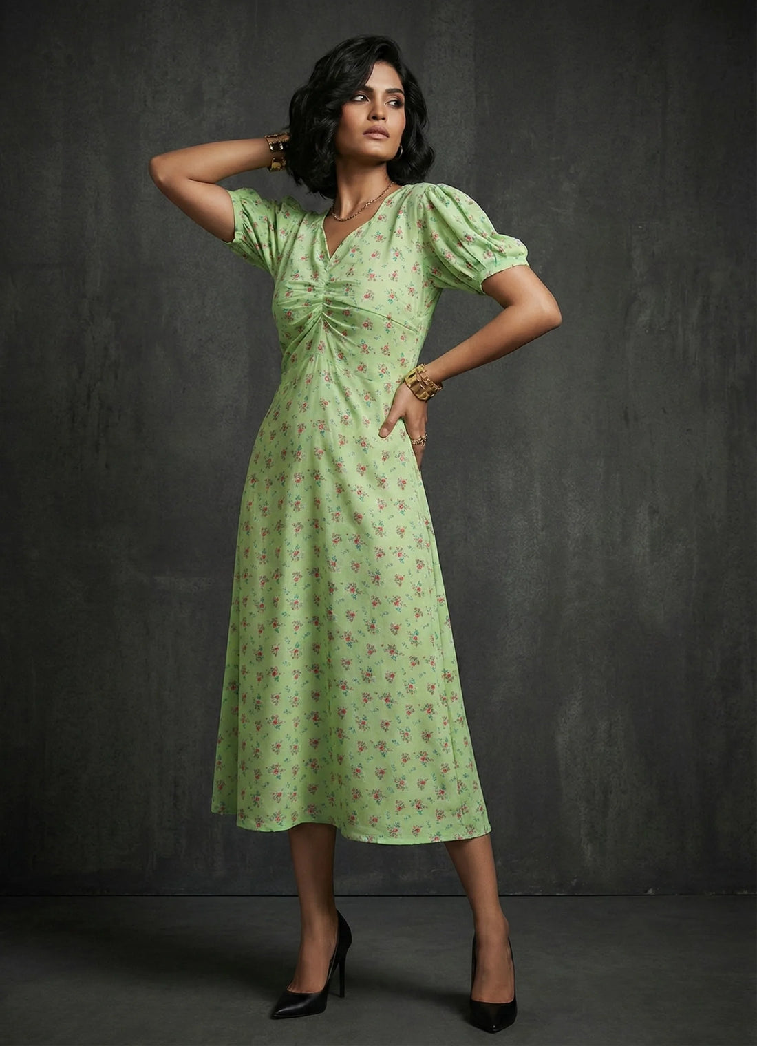 Light Green Floral Printed Cotton Dress