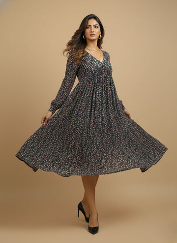 Dark Navy Blue Floral Printed Cotton Dress- 52379D