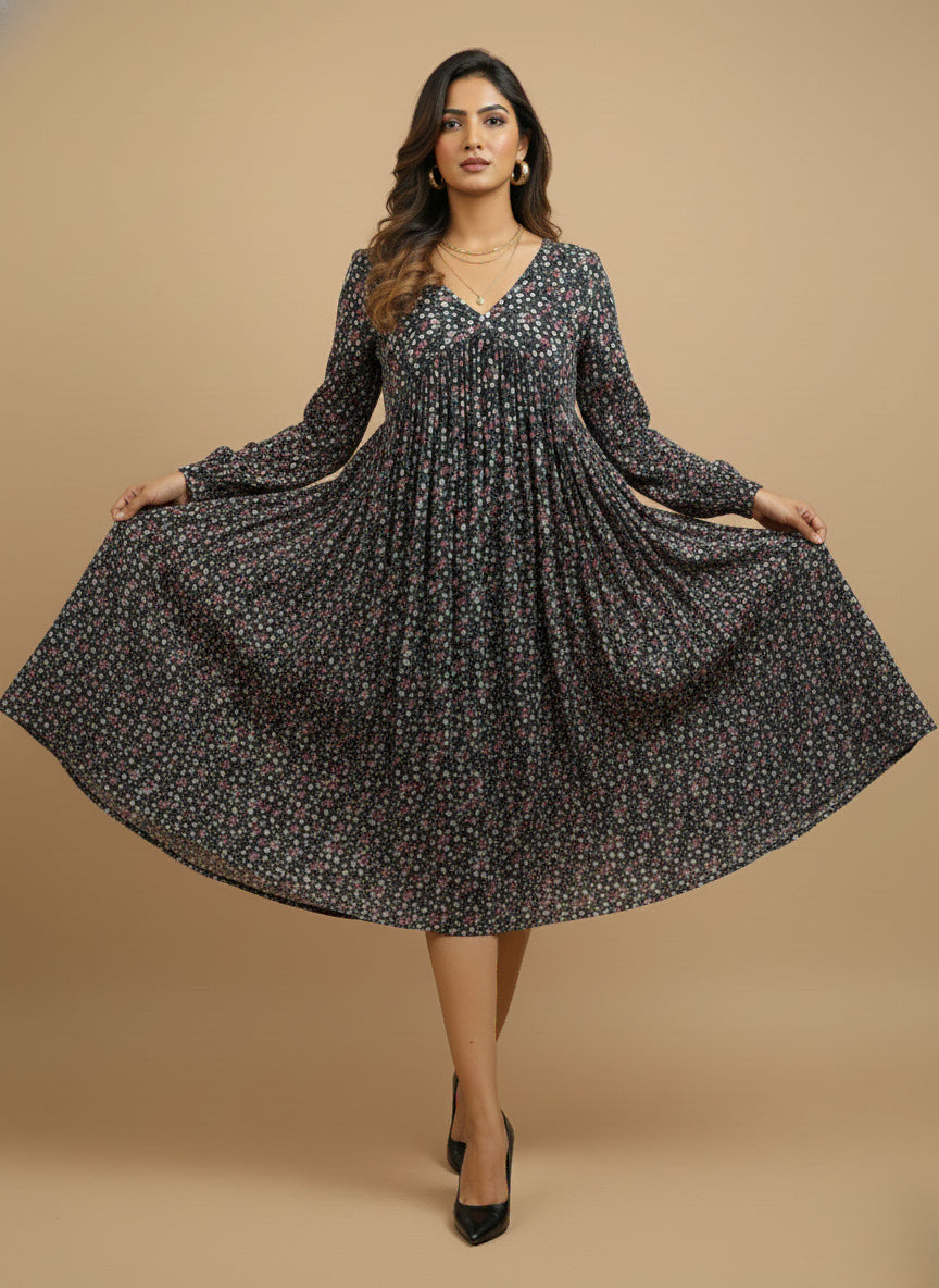 Dark Navy Blue Floral Printed Cotton Dress- 52379D