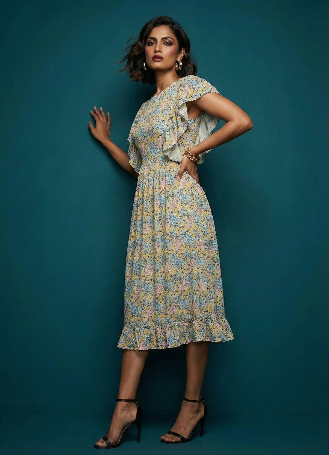 White Multi-coloured Floral Printed Cotton Dress- 52380D