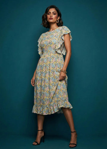 White Multi-coloured Floral Printed Cotton Dress- 52380D