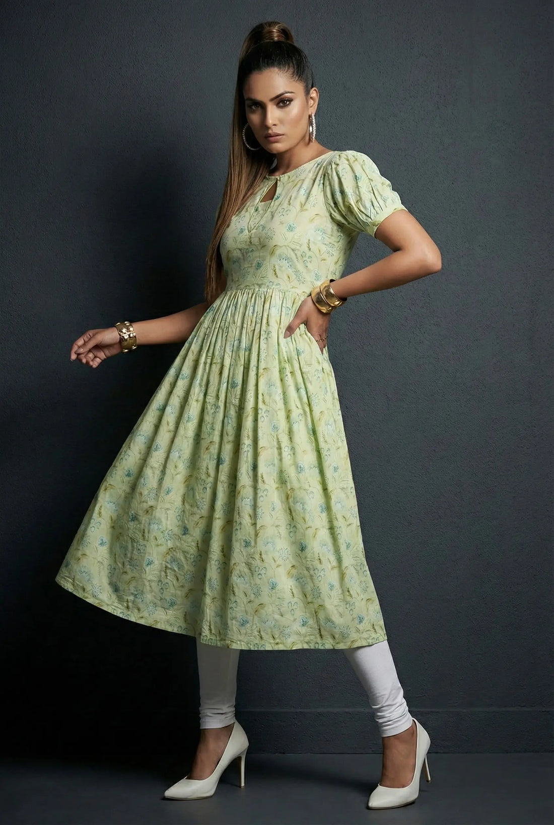 Pastel Green Floral printed Cotton Kurta- 52381K