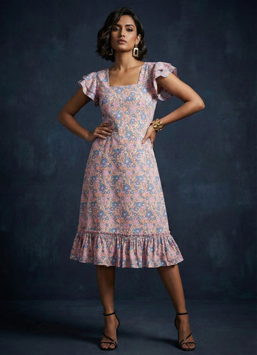 Pink Blue Multi-coloured Floral Printed Dress- 52384D