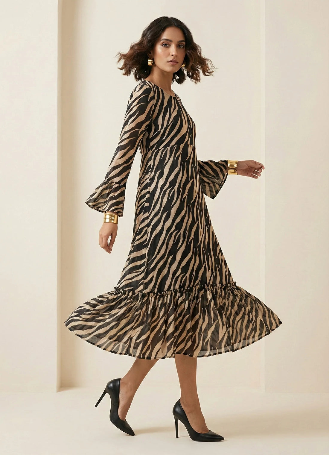 Black Beige Animal Printed Cotton Dress