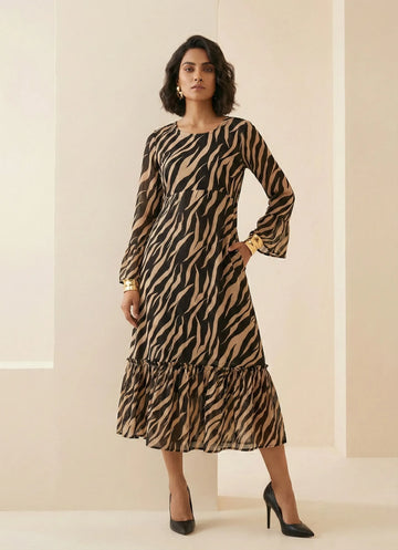 Black Beige Animal Printed Cotton Dress - 52385D