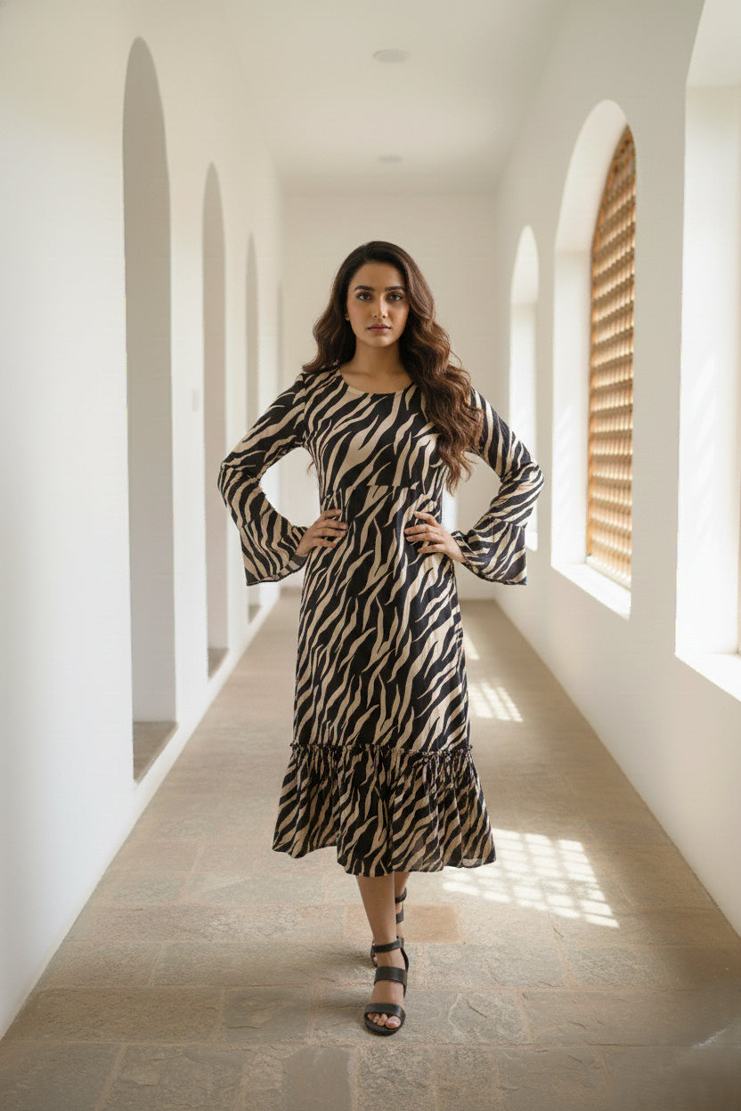 Black Beige Animal Printed Cotton Dress - 52385D