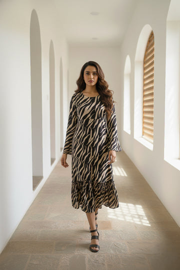 Black Beige Animal Printed Cotton Dress - 52385D