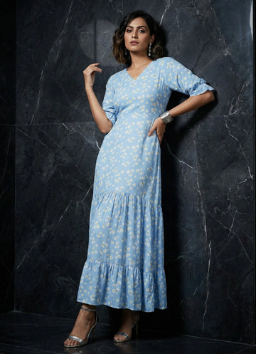 Sky Blue Daisy Printed Cotton Dress - 52386D