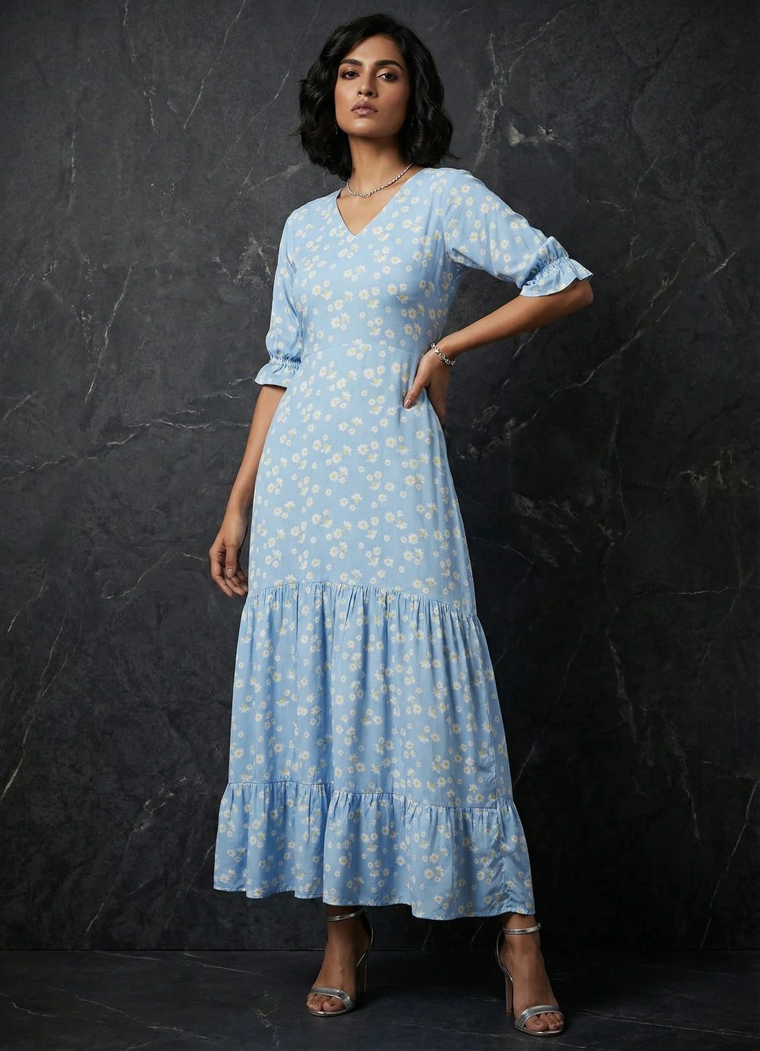 Sky Blue Daisy Printed Cotton Dress - 52386D