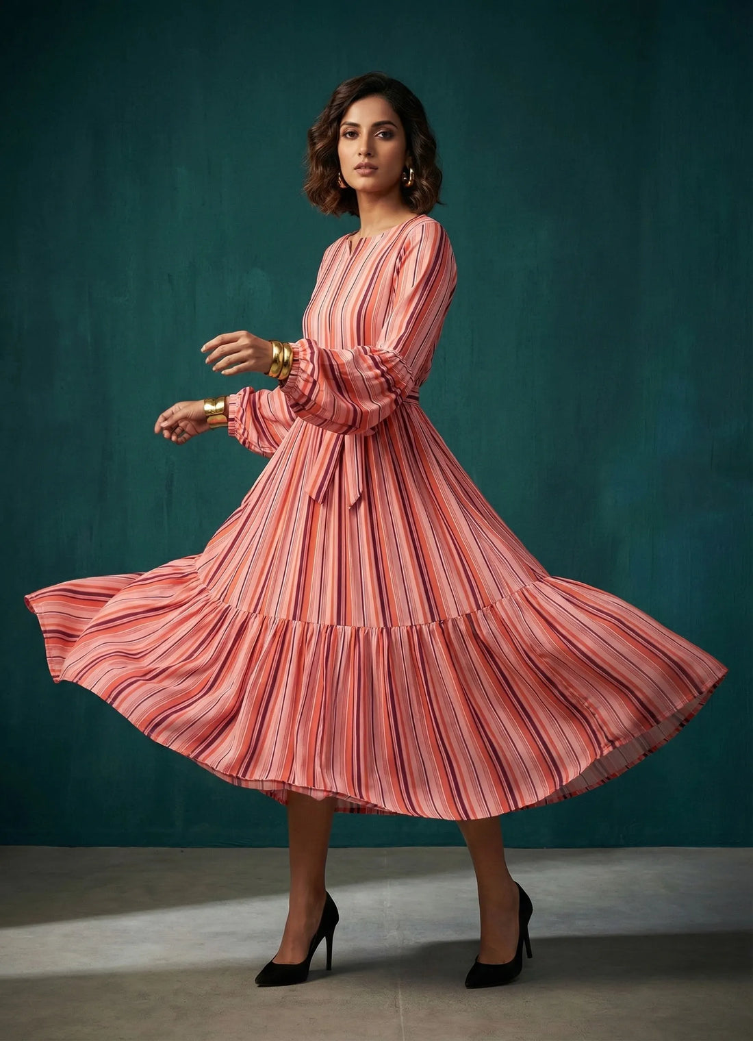 Peach Strip Printed Dress- 52394D