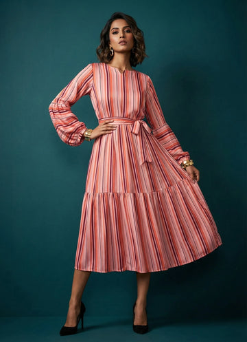 Peach Strip Printed Dress- 52394D