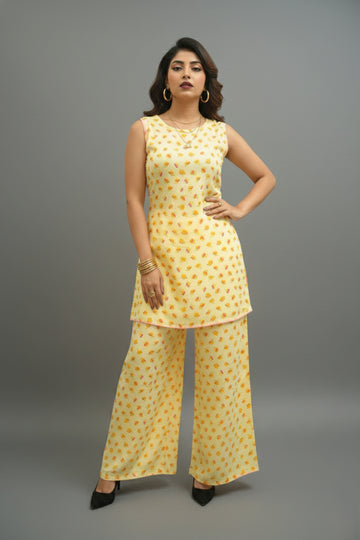Bright Yellow Floral Printed Co-ord Set- 52396C