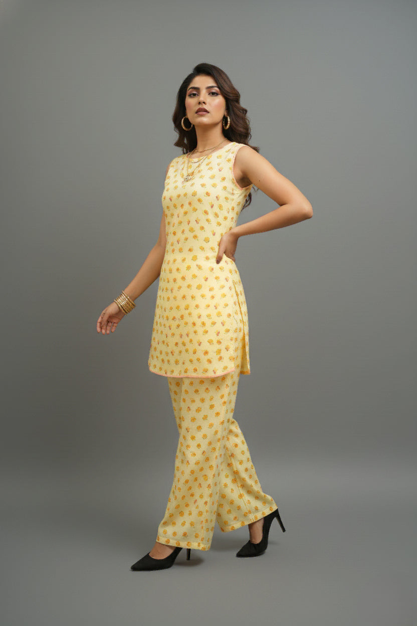 Bright Yellow Floral Printed Co-ord Set- 52396C
