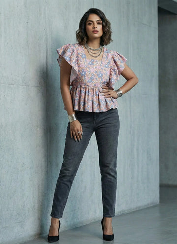 Pink Blue Floral Printed Top- 52400T