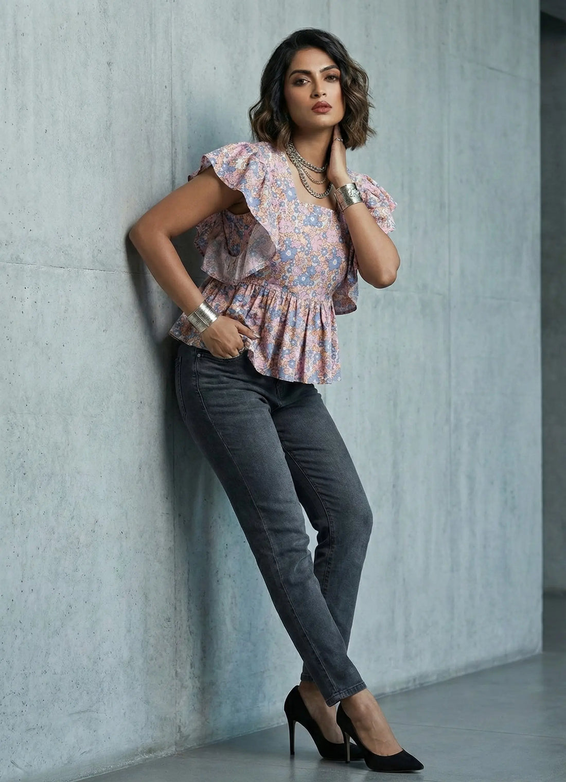 Pink Blue Floral Printed Top- 52400T