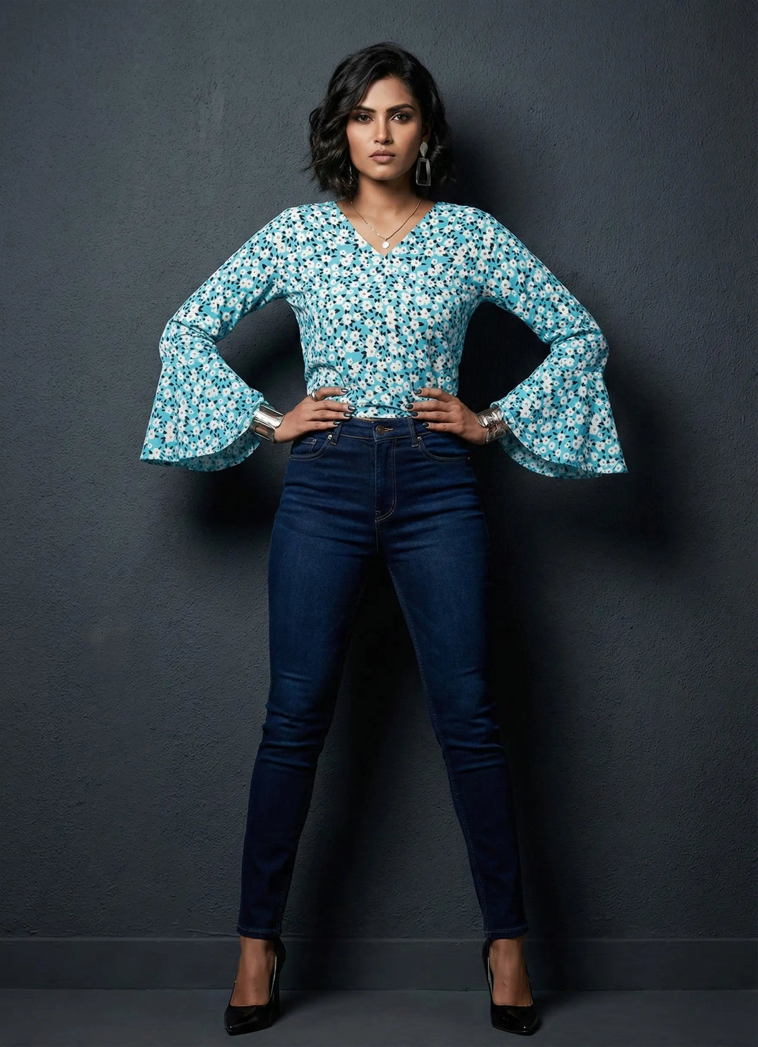 Light Blue Floral Printed Top- 52415T