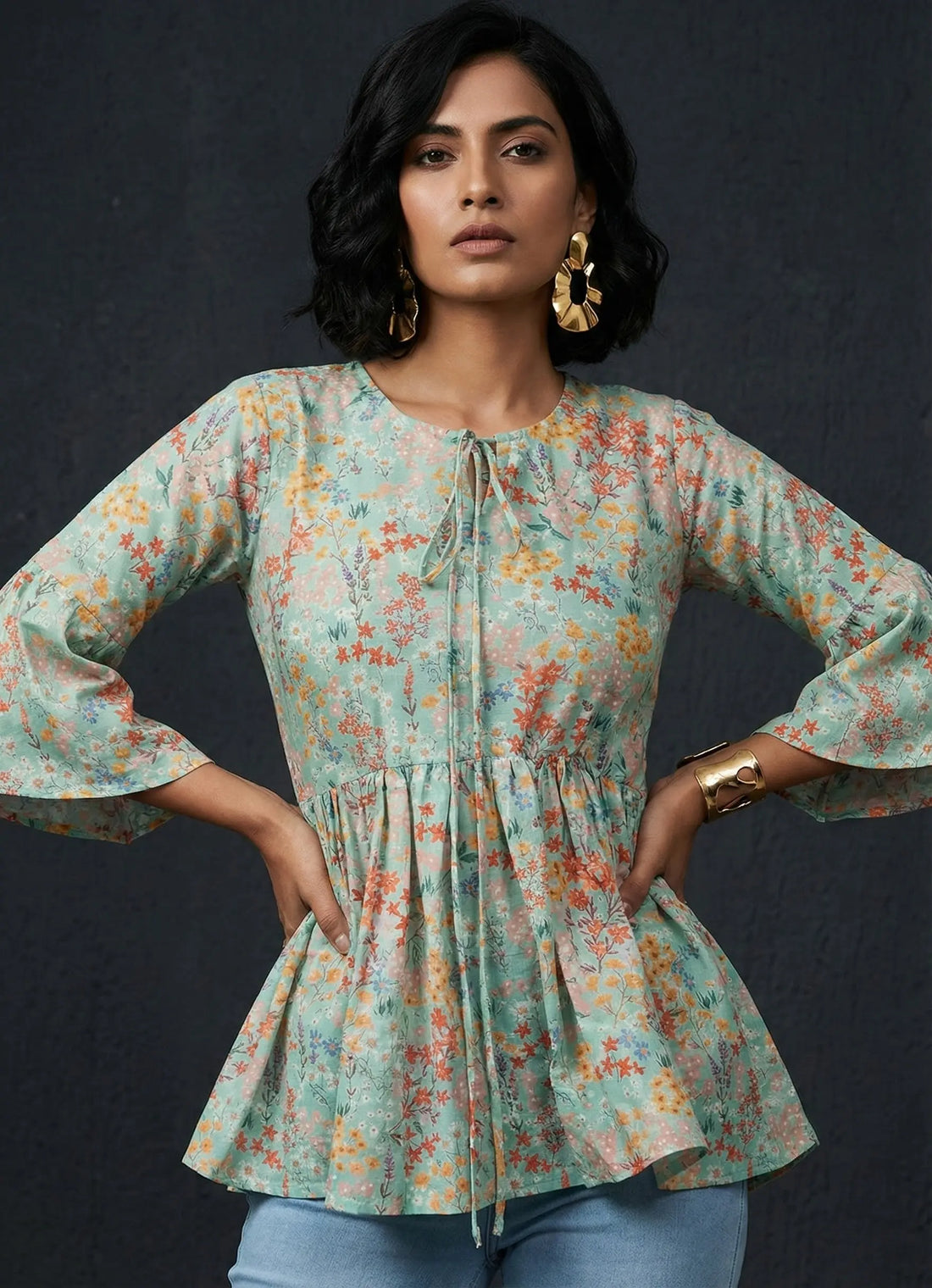 Light Green Multi-coloured Floral Printed Muslin Top -52424T