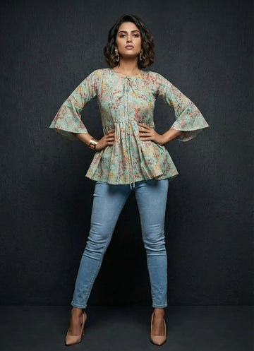 Light Green Multi-coloured Floral Printed Muslin Top -52424T