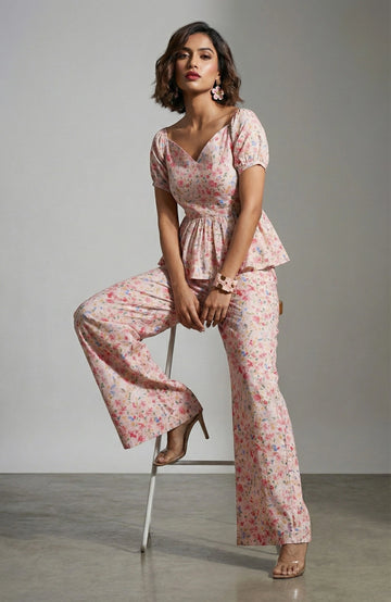 Light Beige Floral Printed Co-ord Set