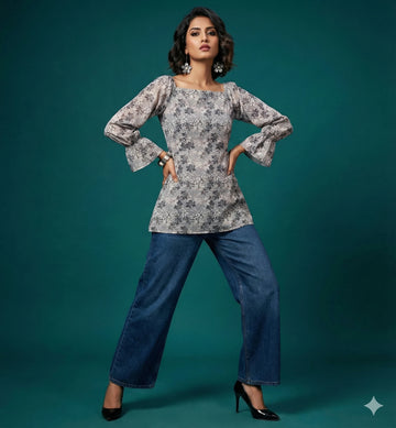 Tea Grey Floral Printed Top -52428T