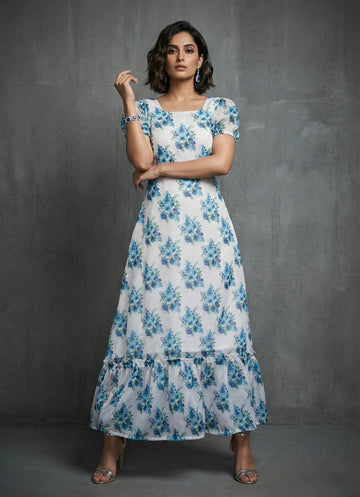 White Blue Floral Printed Gown -52441D