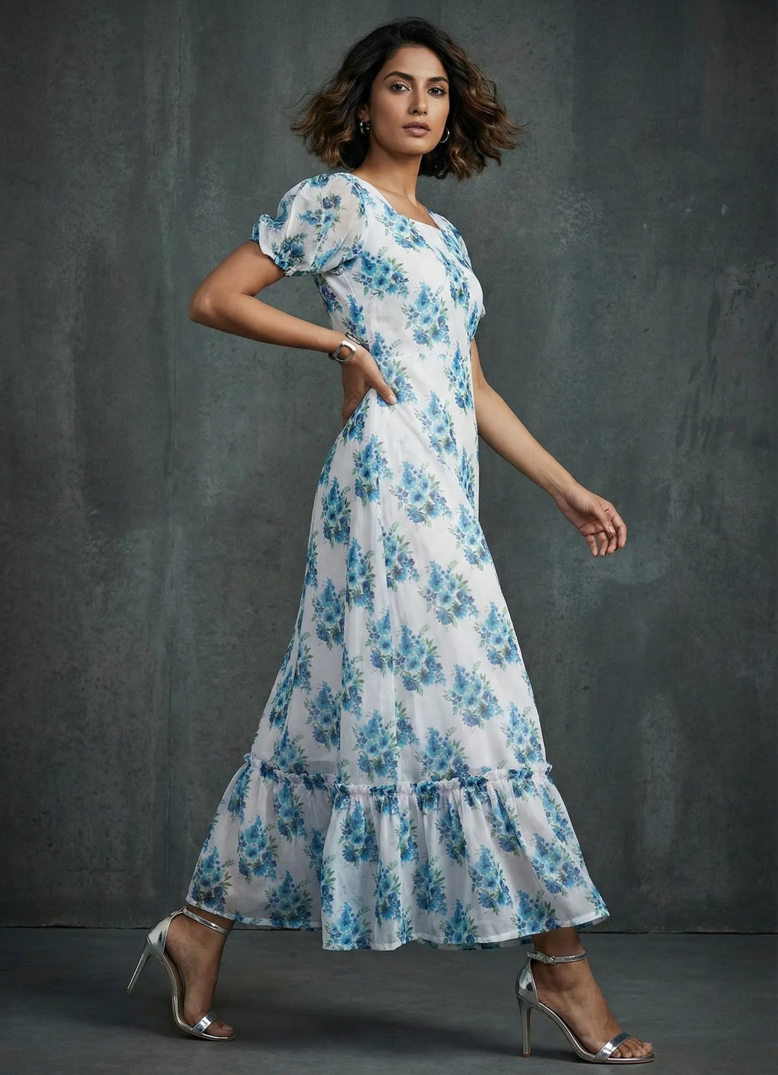 White Blue Floral Printed Gown -52441D