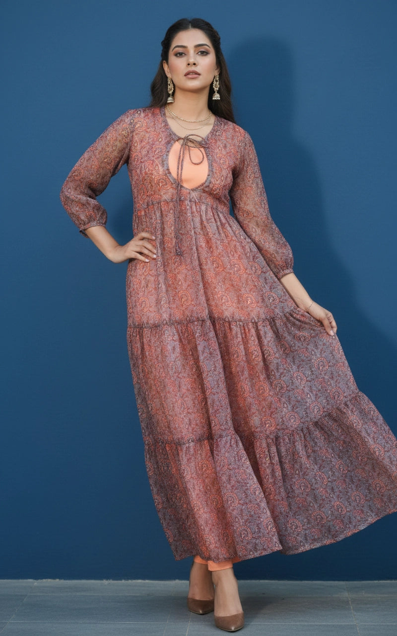 Light Gray Orange Maroon Printed Suit