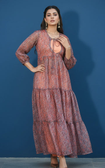 Light Gray Orange Maroon Printed Suit