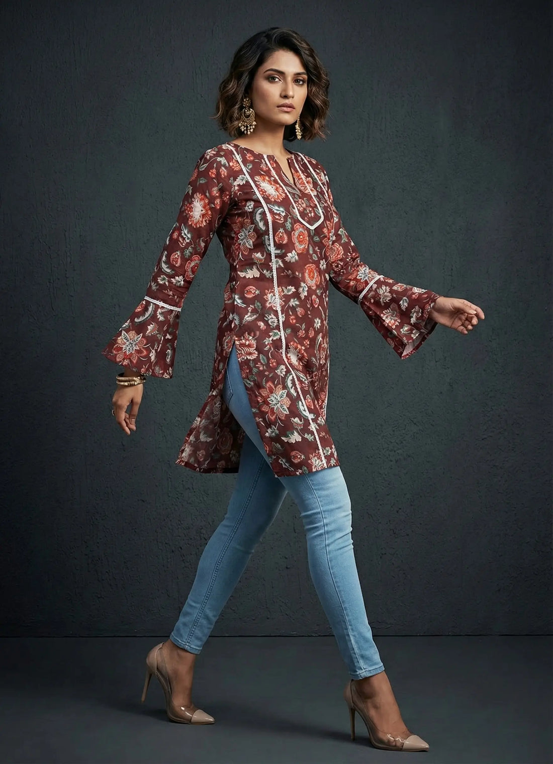 Brown Floral Printed Silk Top -52443T