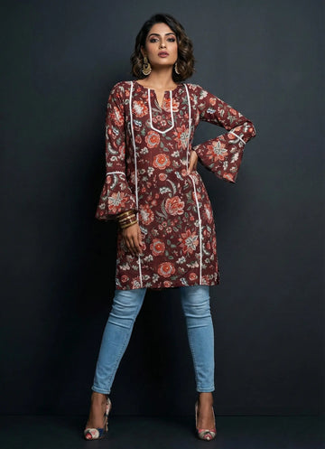 Brown Floral Printed Silk Top -52443T