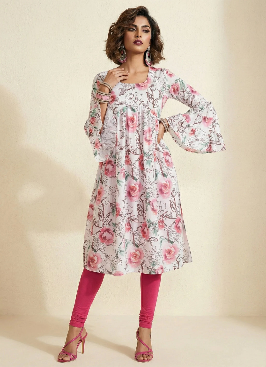 White Floral Printed Silk Kurta - 52444K