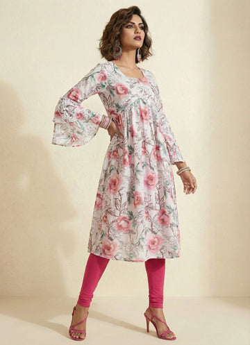 White Floral Printed Silk Kurta - 52444K