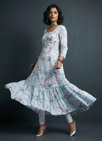 Aqua Green Glass Coloured Floral Printed Kurta - 52445K