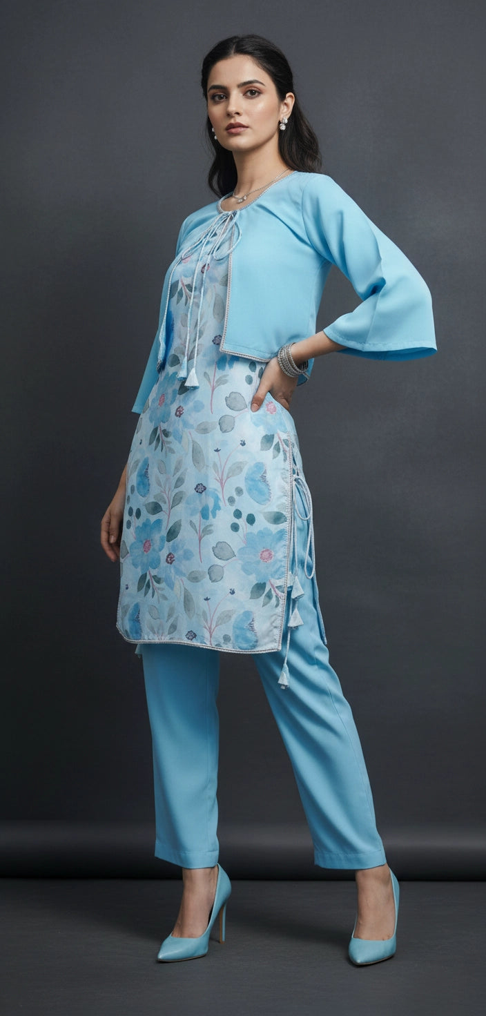 Light Blue Floral Printed Kurta Set