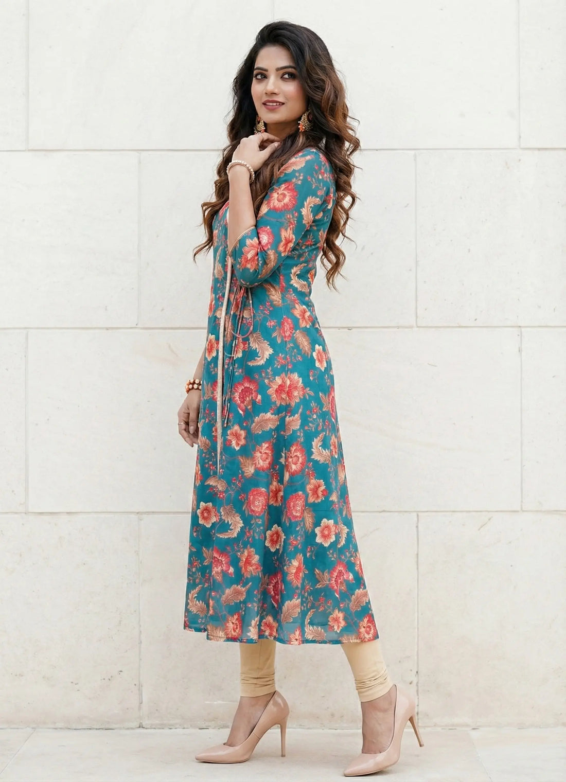 Green Floral Printed Silk Kurta - 52448K